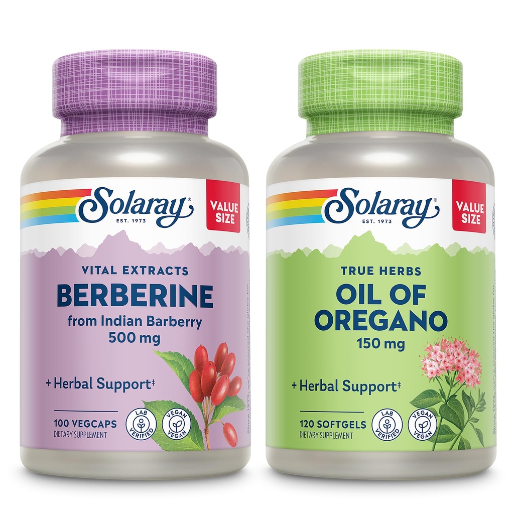 SOLARAY Berberine and Oil of Oregano Bundle - Berberine HCl alates India Barberry Plus Oregano õli täiendus võimas heaolu toetust - 100 VegCaps / 120 Softgels