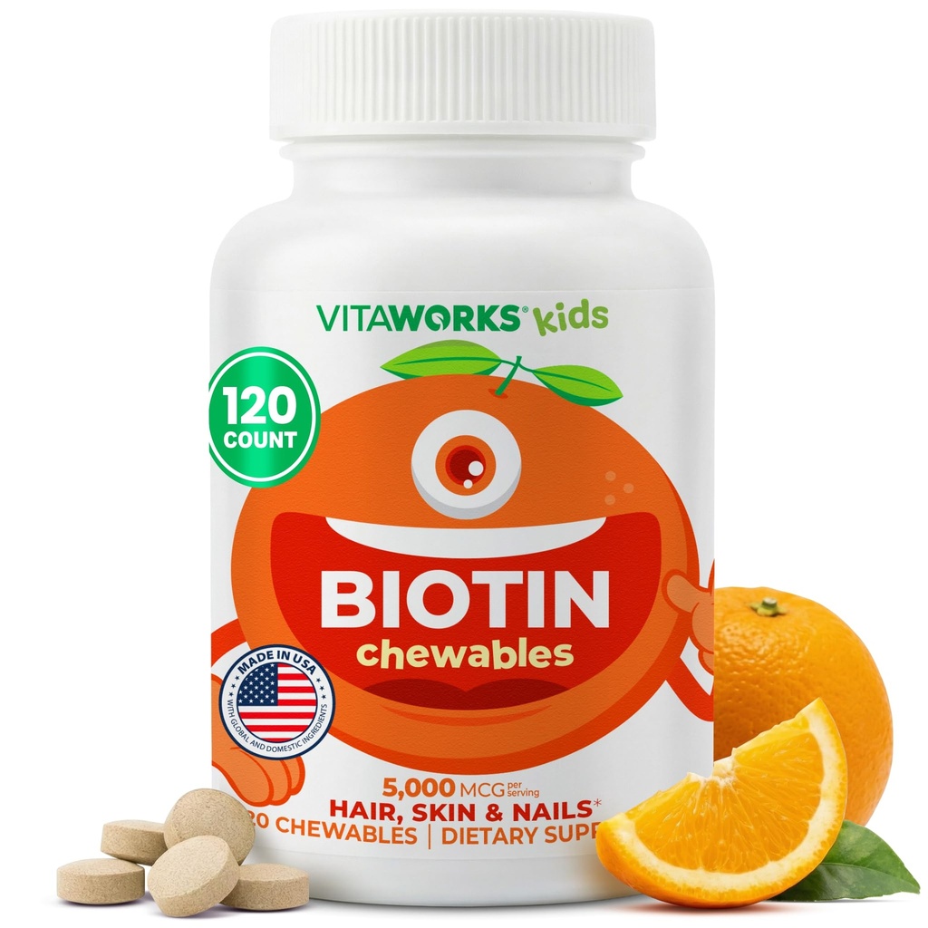 Kids Biotin 5000mcg närimistabletid | Maitsev biotiinilisand | Vegan, Non GMO | Juuksekasv, nahk ja küünte nõmm | Juuksevitamiinid lastele | 120 närimistabletti