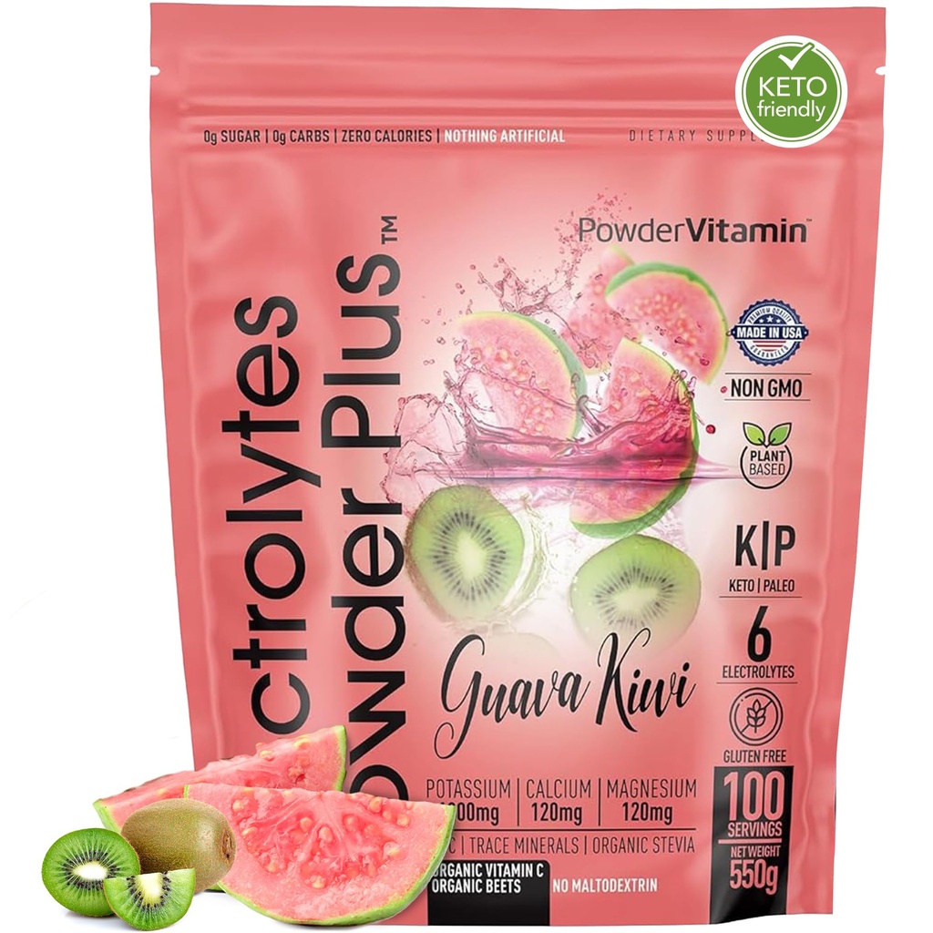 PowderVitamin Electrolytes Powder Plus (100 Servings) Guava Kiwi Elektrolüüt Pulber, nullkalor, Keto, 0 Suhkur, No Maltodekstriin, 1000mg Kaalium, 120mg Kaltsium, 120mg Magneesium, Hüdratsioonipulber