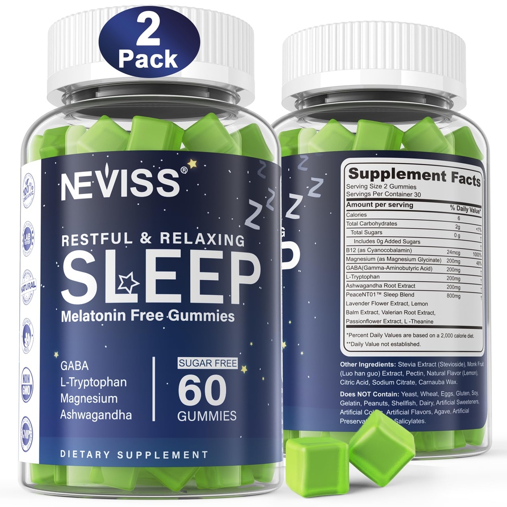 NEVISS Melatoniin Tasuta Sleep Aid Gummies täiskasvanutele - Magneesium Glycinate Gummies | GABA, L-trüptofaan, Magneesium, Ashwagandha - Mitte-Habit Forming, Abi sügavaks lõõgastumiseks - Vegan, Sidrun Maitse, 2Pack