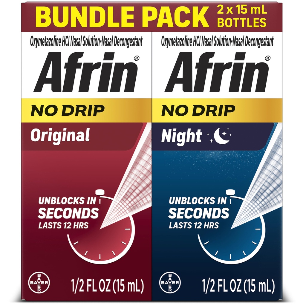 Afrin No Drip Original + Night Nasal Mist Bundle Pack, Non-Drowsy, Fast-Acting Deongestant for Nina ummistus ja siinus Rõhuvabastus, Täiskasvanud ja lapsed 6 ja vanemad, .5 fl oz (pakk 2)