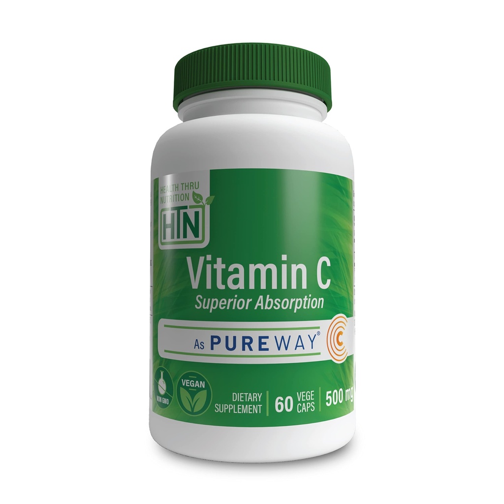 Tervis Thru Toitumine Vitamiin-C 500mg PureWay-C 60 Taimekapslid Superior Imendumine | Tervislik immuunfunktsioon ja kollageeni tugi | 3. partei testitud | Vegan, mitte-GMO ja gluteenivaba