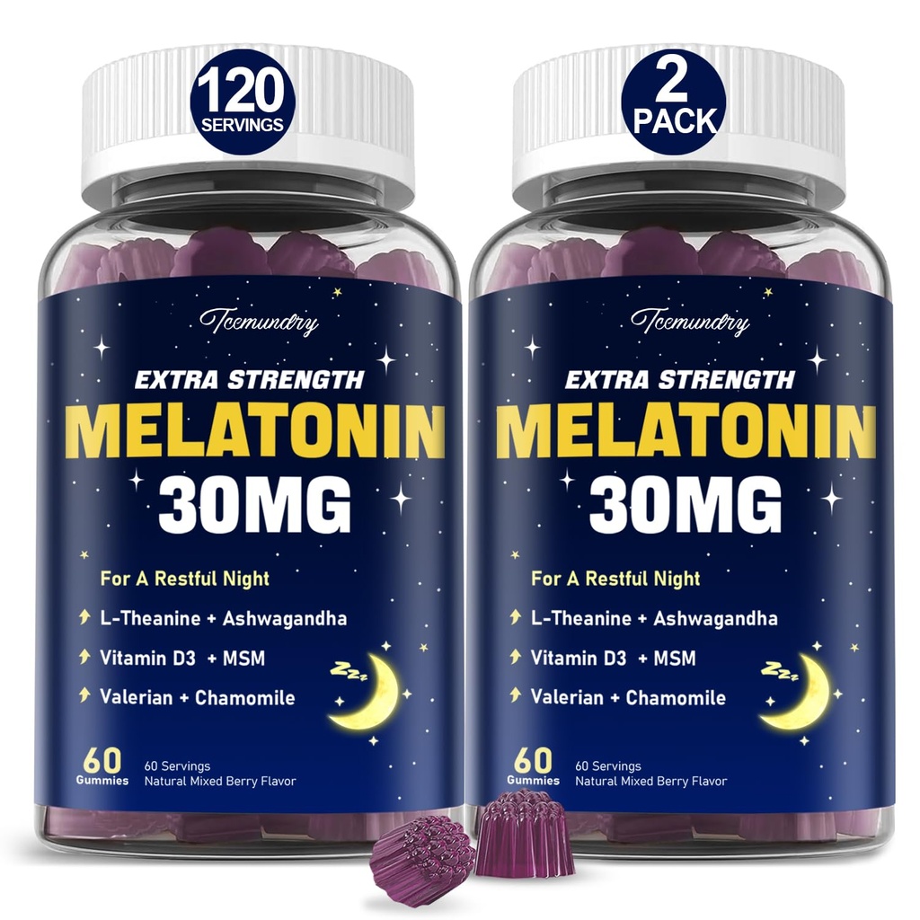 Melatoniin Gummies 30mg täiskasvanutele: Melatoniini maksimaalne tugevus koos L-Theanine'i, Ashwagandha, MSM-i, D3-vitamiini ja tsinkiga - mitte-Habit moodustamine, looduslik segatud marja maitse 60 loend (2. pakk)