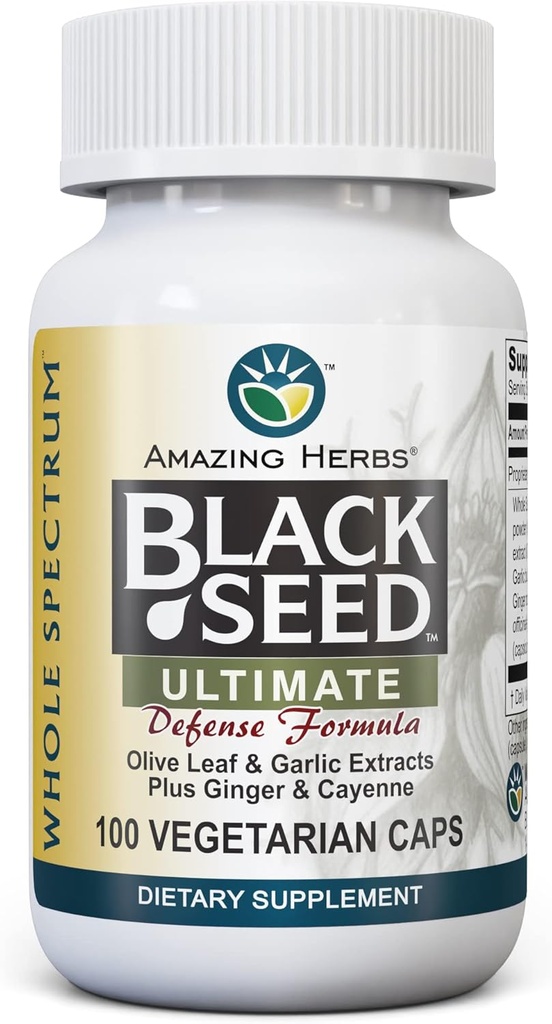 Hämmastavad maitsetaimed Kogu spektri must seeme Ultimate, taimetoitlased kapslid - Olive Leaf & Küüslauguekstraktid Plus Ginger & Cayenne, Gluteenivaba, Non GMO, Vegan - 100 Count