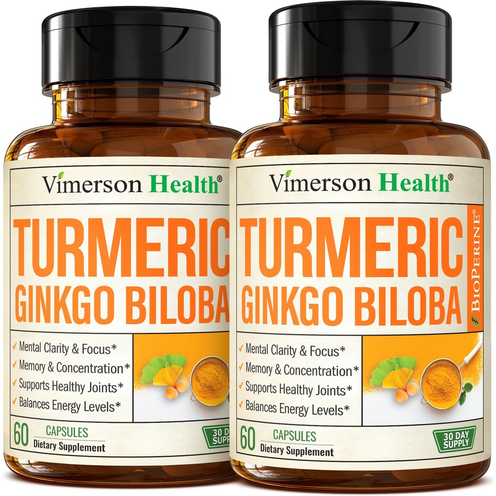 Ginkgo Biloba ja kurkumiini lisand w / Black Pepper & Organic Tumeric - looduslik kurkumlisand fookusele, mälule, liigestele ja aju tervisele - Vegan Ginko Biloba kapslid w / Curcuma - 2 Pack