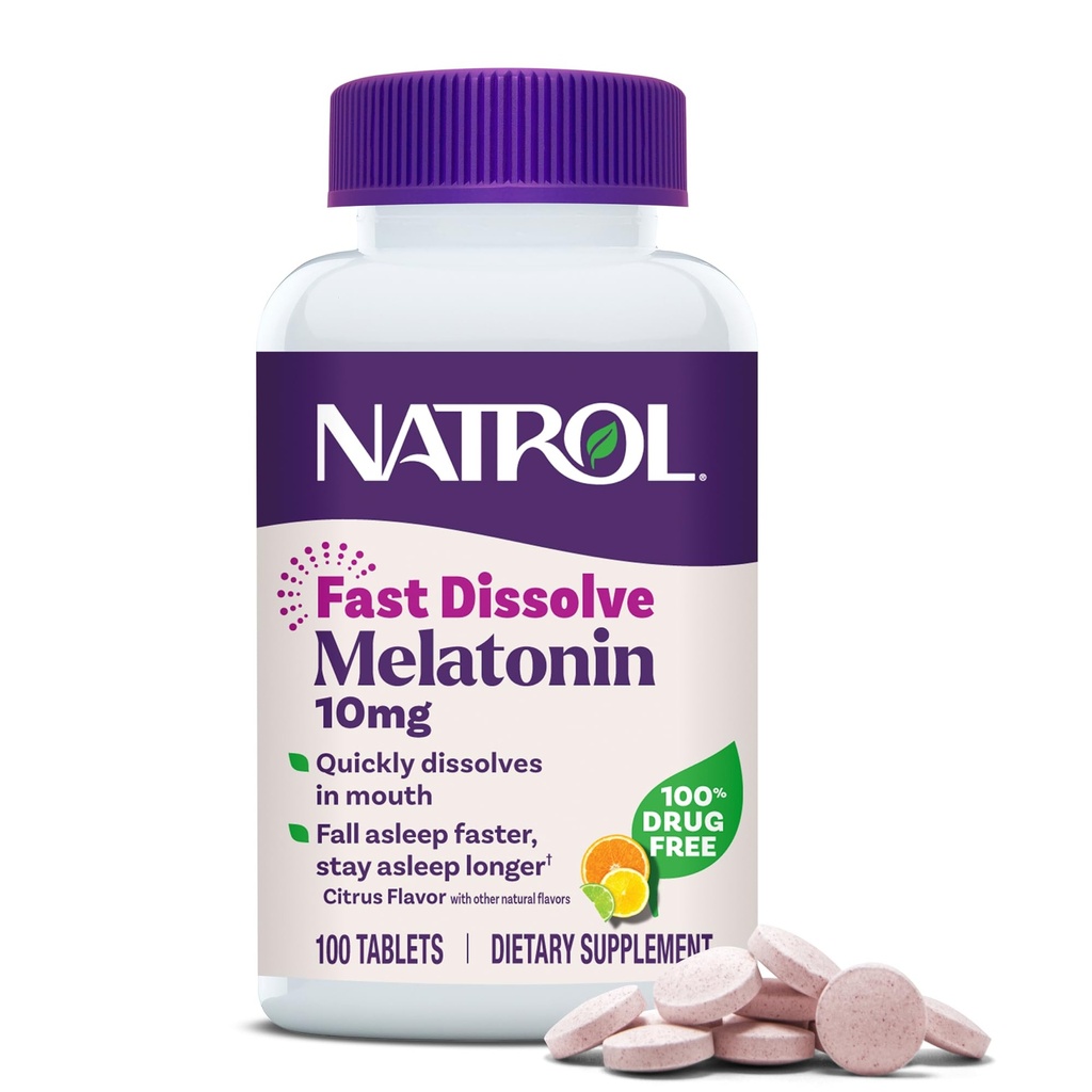 Natrol Fast Lahustage melatoniini 10 mg, melatoniini toidulisandid rahutuks uneks, unetoetus täiskasvanutele, 100 tsitrusemaitselist tabletti, kuni 100 päeva pakkumine