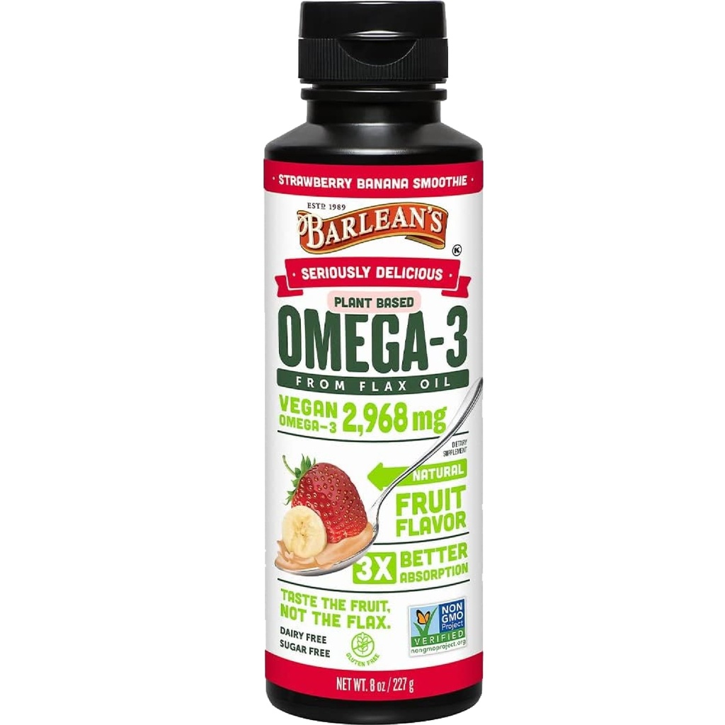 Barlean's Strawberry Banana Flaxseed Oil Vegan Omega 3 6 9 Toidulisandid lastele ja täiskasvanutele külma pressitud linaseemneõli 2,968 mg Vegan Omegas, Non-GMO & Gluten Free, 8 oz