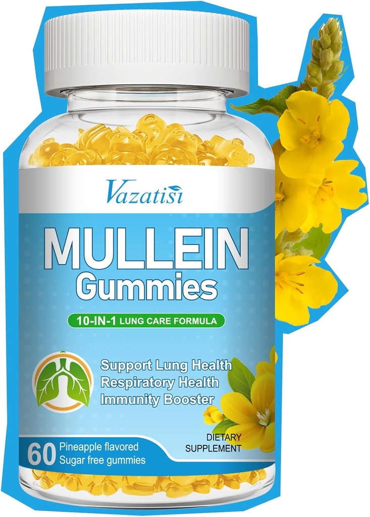 10 in 1 Mullein Gummies kopsudele, Mullein Leaf Extract koos Bromelain, Quercetin, Magnesium - Toetus Kopsupuhastuse Tervislik hingamine, 60 ct