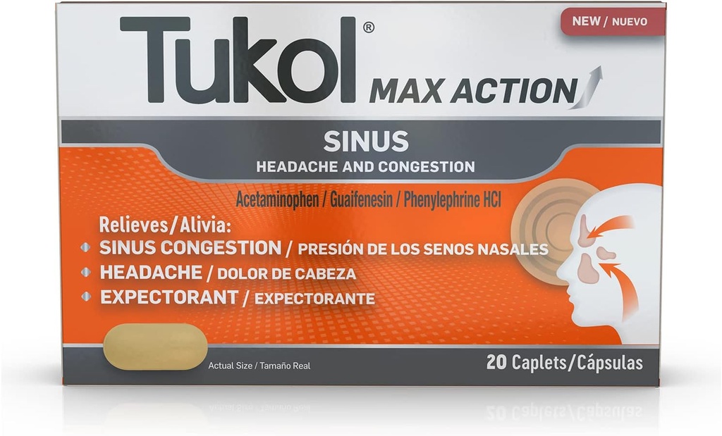 TUKOL Max Action Siinus, Ummikud ja rõhu kapslid valu, peavalu leevendamiseks, ootaja, mitte-uimas, 20 loend
