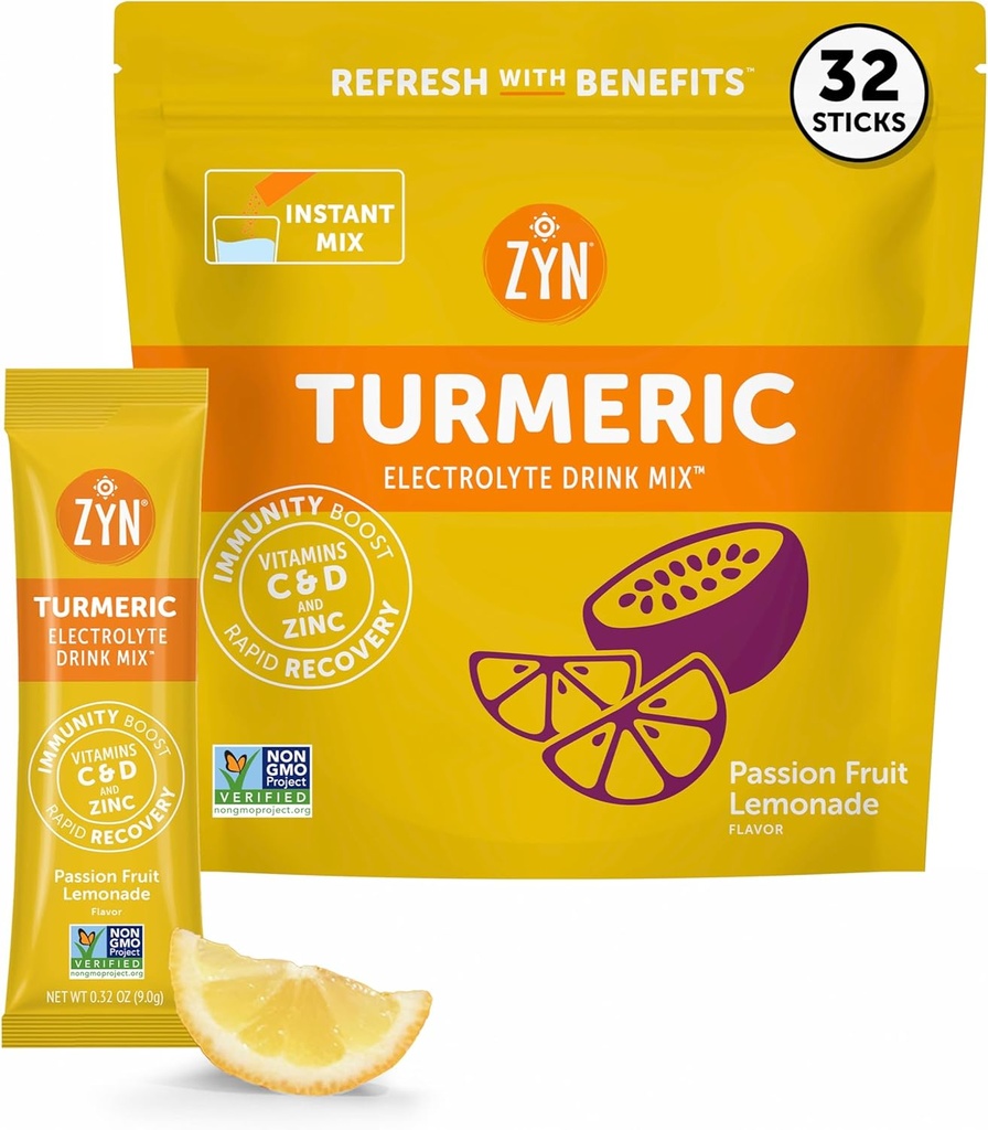 ZYN elektrolüütide joogisegu hüdratsioonipaketid, Passion Fruit Elektrolüüdid Pulber, hüdratsioonipaketid w/Turmeric Curcumin, Vitamiin C & D, tsink, hüdraat ja taasta elektrolüütide pulber, pakend 32
