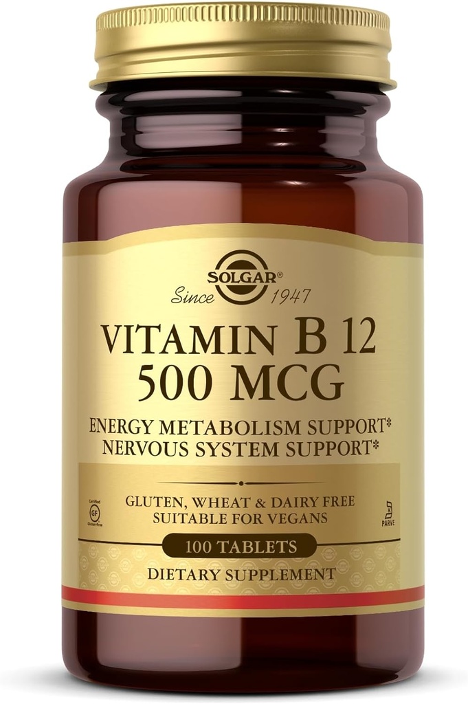 Solgar Vitamiin B12 500 mcg - 100 tabletti - Vegan, Gluteenivaba, piimavaba, Kosher - 100 serveerimist