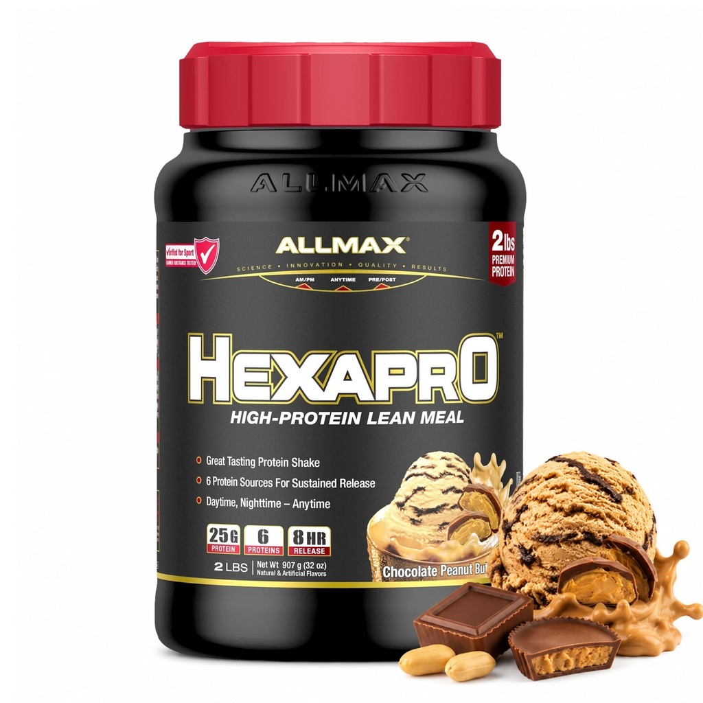 ALLMAX HEXAPRO, Šokolaadi maapähklivõi - 2 naela - 25 grammi valku ühe serveerimise kohta - 8-tunnine püsiv vabanemine - null suhkur - 21 serveerimist