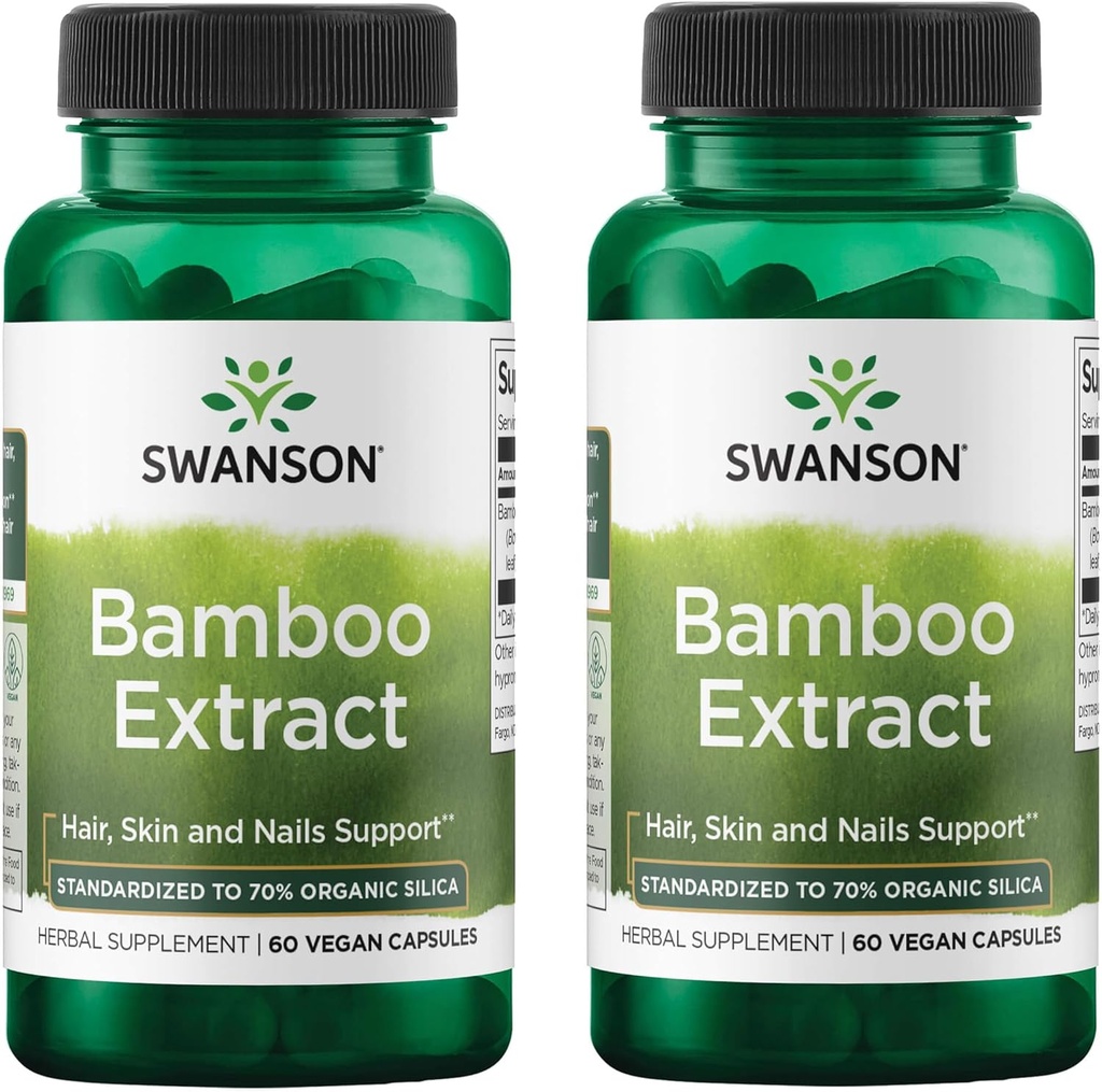 Swanson Bamboo ekstrakt - looduslikud juuksed, nahk ja küüned täiendus - 70% ränidioksiidi sisu, mis toetab kollageeni moodustumist ja luude kasvu - (60 köögiviljakapslit, 300 mg igaüks) (2 pakendit)