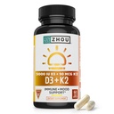 Zhou D3 + K2 - D3-vitamiini K2 lisand naistele ja meestele, immuunsuse tugi Vit D3 ja K2 lisandid, puhas taimetoitlane valem 5000 IU D3 ja MK-7 - 60 Veggie kapslit (pakk 1)