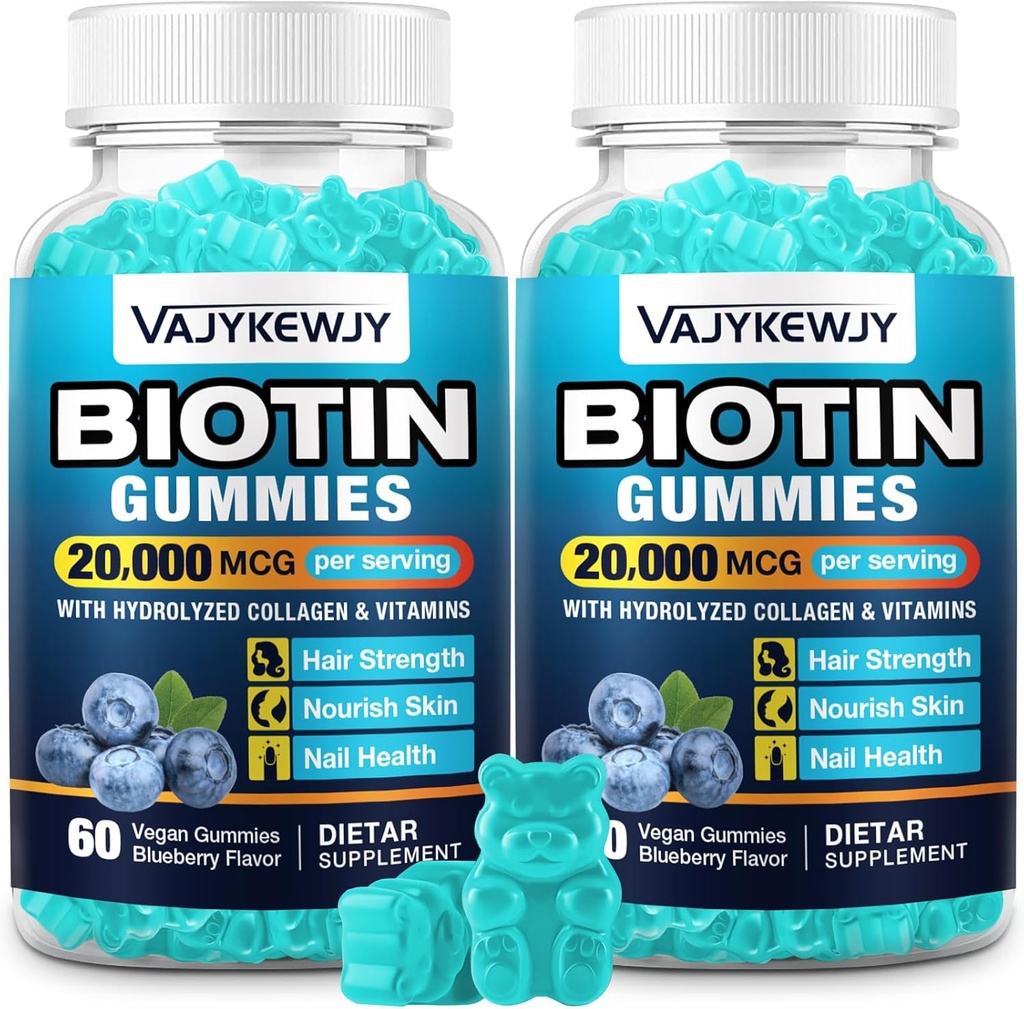 2 Pack Vegan Biotin Gummies juustele, nahale ja küüntele - 20 000 mcg ühe serveerimise kohta, sobib naistele ja meestele - 120 Gummies