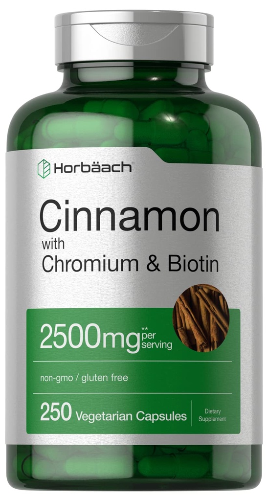 Horbäach kaneel kroompikolinaadiga 2500 mg | 250 kapslit | Plus biotiin | taimetoitlane, mitte-GMO, gluteenivaba