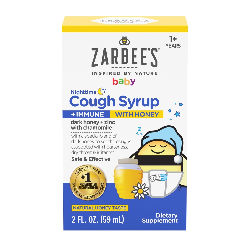 Zarbee's Baby Nighttime Cough Syrup + Immuunsus, Baby Cough Syrup koos Dark Honey + Tsink & kummel, väikelastele, No Drugs või kunstlik maitse, Natural Honey maitse, 2 fl. oz