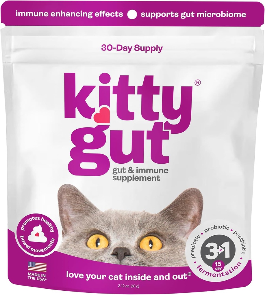 KittyGut 3-in-1 orgaanilised kasside probiootikumid ja postbiootilised toidulisandid - valmistatud USA-s - kasside probiootikumid edendavad soolestiku tervist ja kassi seedetrakti toetust, kõhulahtisust ja oksendamist (60 g)