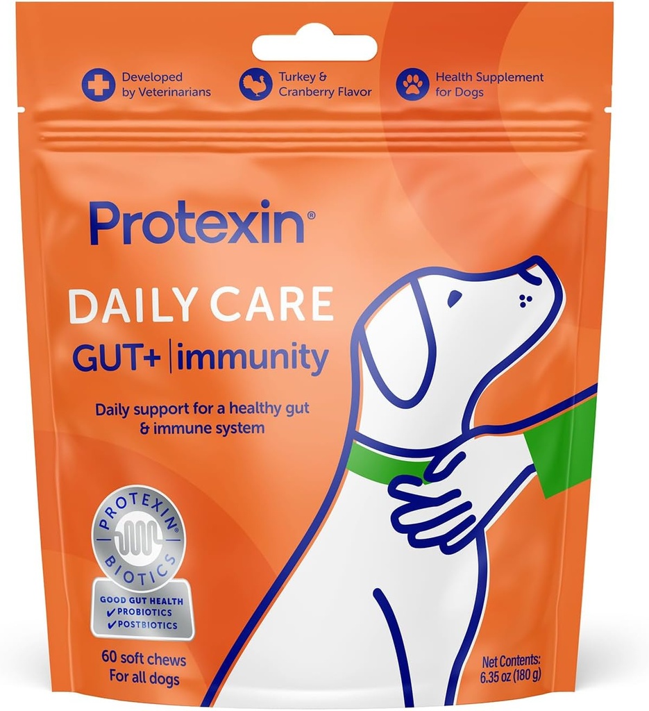 Protexin Daily Care Gut + Immuunsus | 60 koera närimist, Türgi ja Jõhvikalõhnalise koera toidulisand | Probiootikumid koertele, koer Postbiootikumid