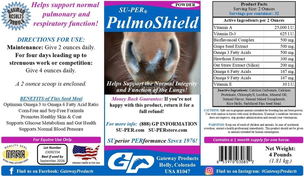 SU-PER PulmoShield Horse Respiratory Supplement - toetab tervislikku kopsufunktsiooni hobustel - normaalne kopsude ja hingamisteede tugi - hobuste vitamiinid ja mineraalid - 4 naela, (2 pakendit)