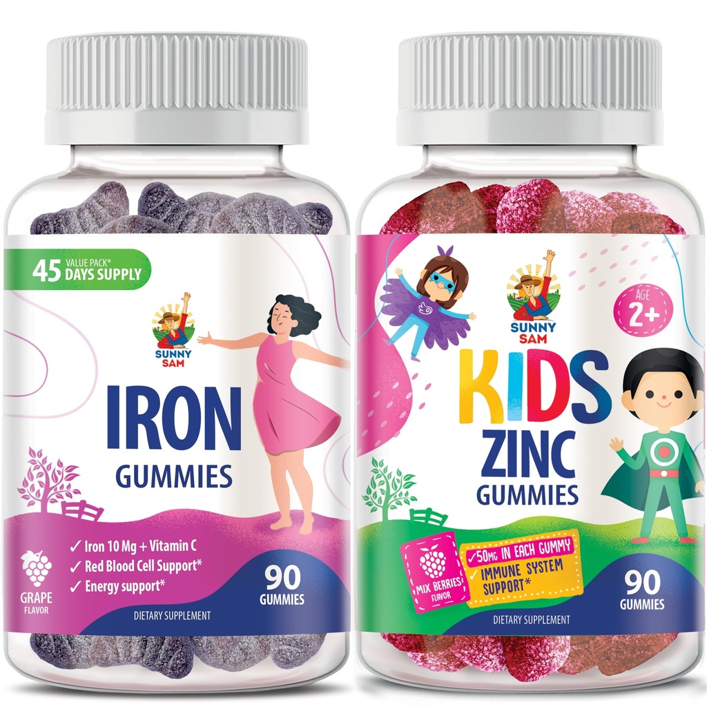 SunNY SAM Zinc Gummies lastele ja Raudkummies täiskasvanutele, Raud Vitamiinid C-vitamiiniga