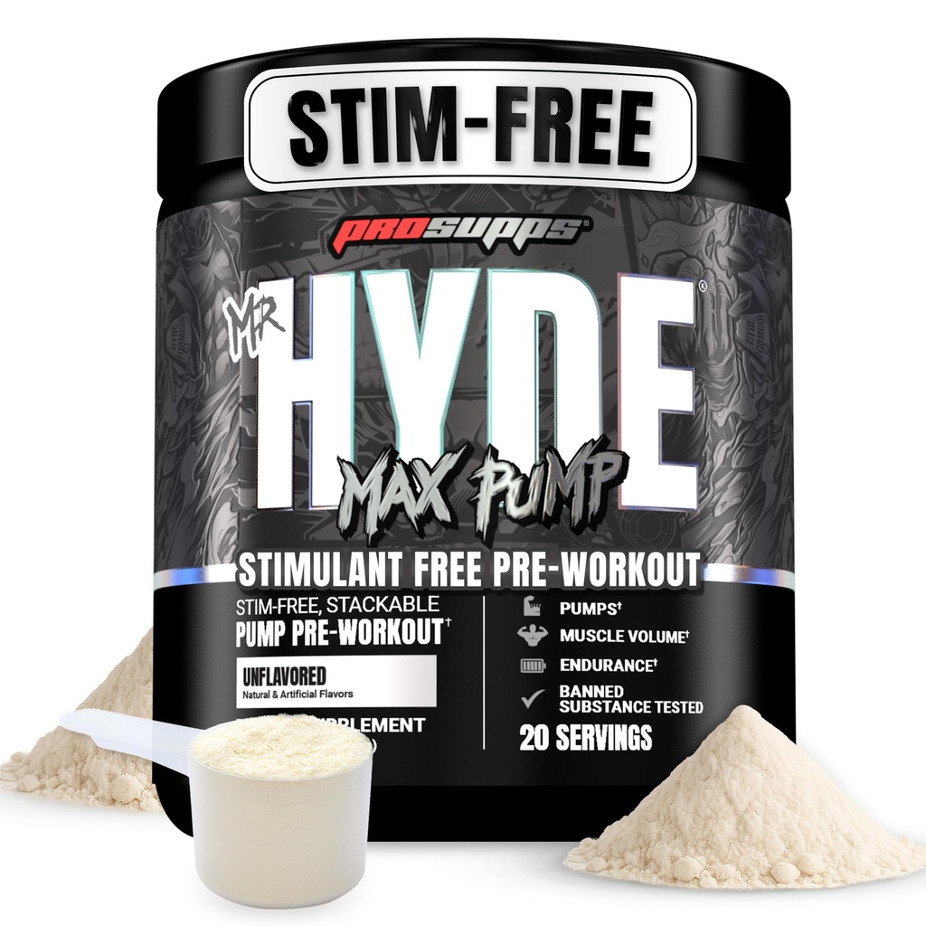 PROSUPPS Mr. Hyde Max Pump Pre Workout Powder - Stim-Free Preworkout toetab verevoolu, lihaste mahtu ja vastupidavust - kofeiinivaba lämmastikoksiidi jõusaal ja fitness täiendused (maitsestamata, 20 serveerimist)