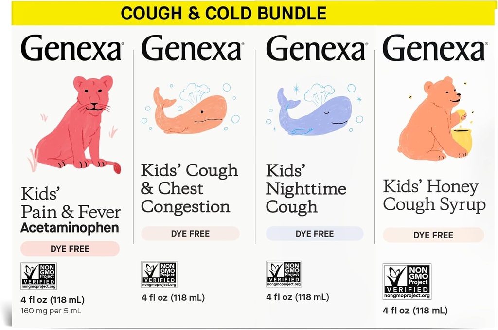 Genexa Kids' Clean Cough Medicine & Honey Cough Syrup, valu ja palavik Vähendaja väärtus 4-pakk, värvivaba, 0% kunstlikud lisandid, köha hooldus lastele, palavik ja valu leevendaja, 16 fl oz (4 pudelit)