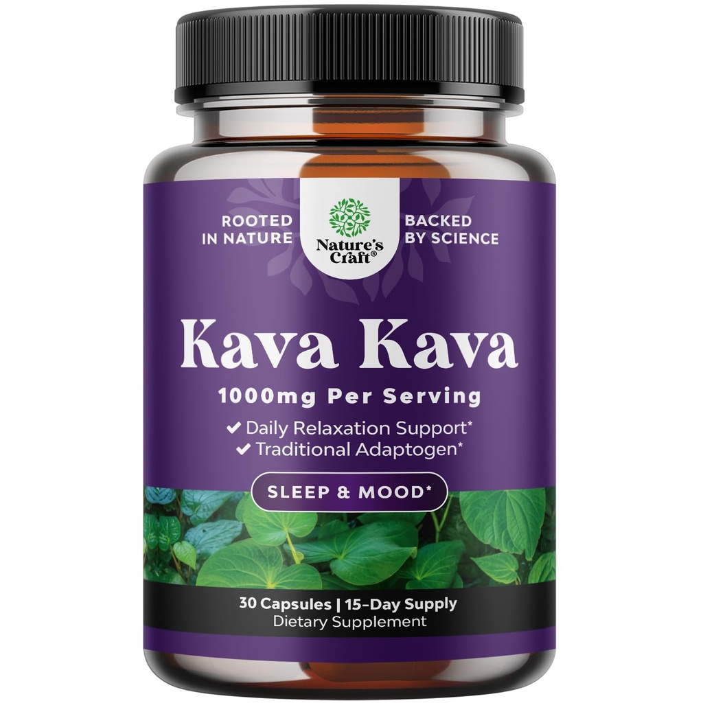 Kava Root Extract Supplement 1000mg - Kiire tegutsemine Taimne tugi Kavalactones tasakaalustatud meeleolu - Lõõgastav Calming kapslid stressi tugi ja parem uni - 15 Servings
