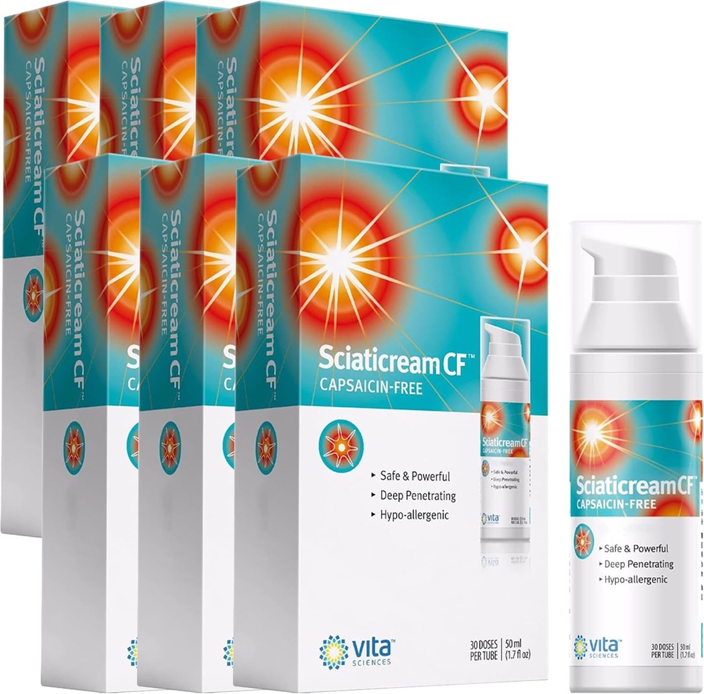 Vita Sciences Sciaticream CF: Rapid Soojendav Cream for Sciatic Nerve with Arnica, B1, B5, B6, MSM, Aloe and Coconut Oil Base, Capsaicin-FREE. Kiire tegutsemine rahustav valem - pakend 6