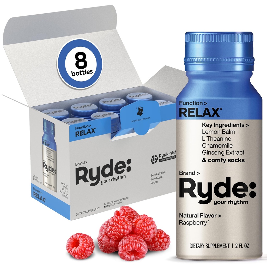 Ryde: Relax Shot | Vaarikamaitse | Sidrun Balm, L-Theanine, ženšenn & kummel | 0 kalorit, 0 Suhkur | 2 FL OZ kaadrid | Aitab lõõgastuda * (8 Pack)