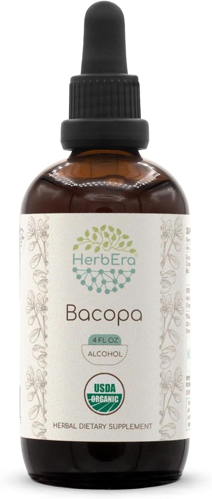 HerbEra Bacopa A120 USDA orgaaniline tinktuur | Alkoholiekstrakt, suure tugevusega taimetilgad, lõõgastav toime, positiivne kognitiivne | Sertifitseeritud orgaaniline bacopa (Bacopa Monnieri) Kuivatatud maitsetaim (4 fl oz)