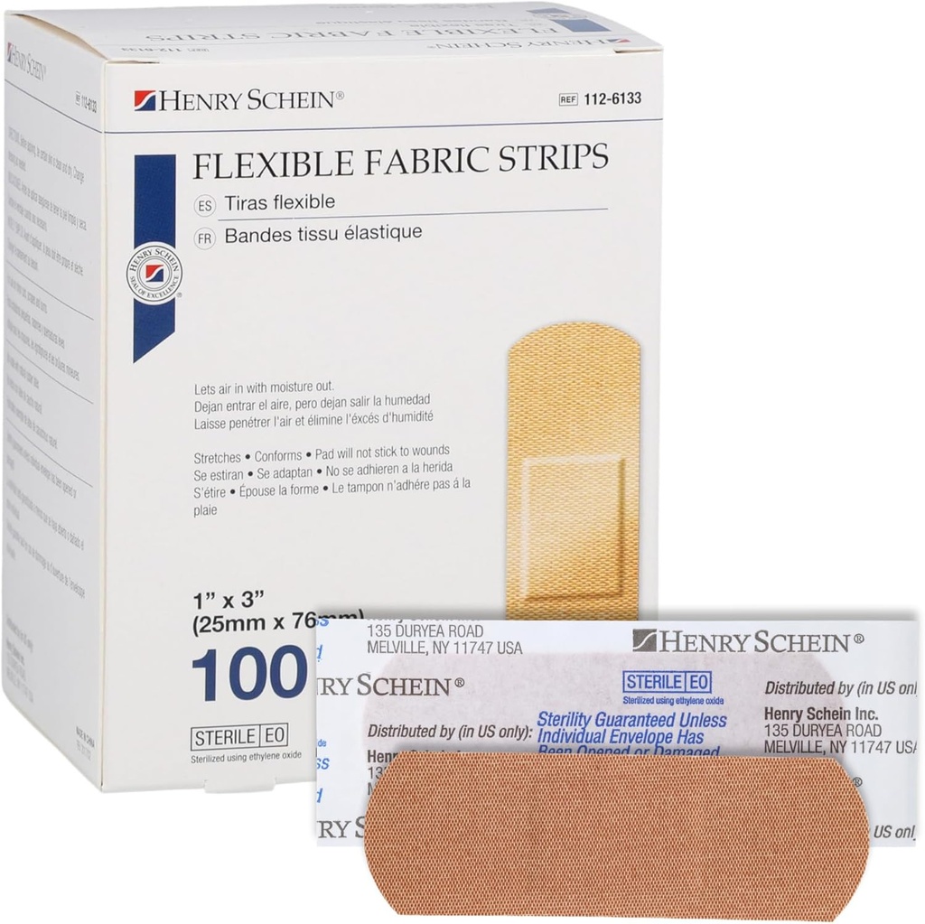 Henry Schein Sterile Adhesive Fabric Bandages, 1" x 3 " - 100 paindlikku, hingavat riba - pehmed, venitatavad haavakatted esmaabi, meditsiiniliseks kasutamiseks, kliinikud ja hädaabikomplektid