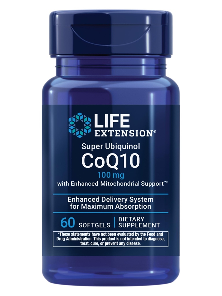 Life Extension Super Ubikinol CoQ10 koos täiustatud mitokondriaalse toetuse, tugeva südame tervise ja rakuenergia tootmise toetusega, ultra-absorbeeritav, gluteenivaba, mitte-GMO, 100 mg, 60 pehmet geeli