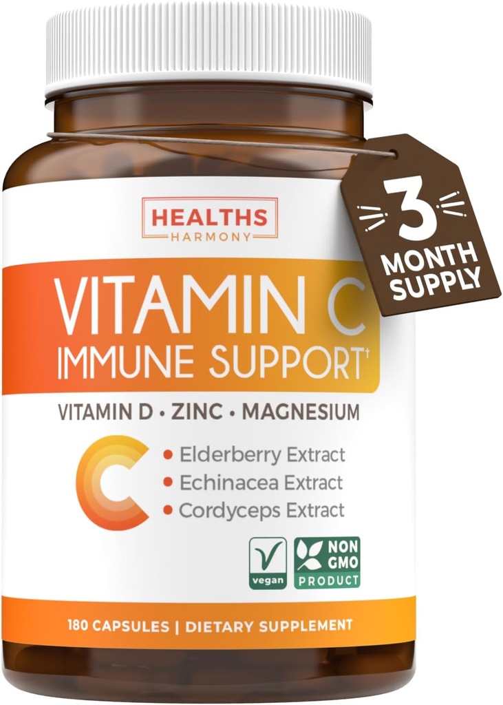 C-vitamiini immuunsuse tugisammas - Immuunsuse suurendamine koos Elderberry C-vitamiini ja tsingiga igapäevaseks ja hooajaliseks toetamiseks - magneesiumtsink VIT C & D ja taimse kaitse kompleks (3 kuud pakkumine)