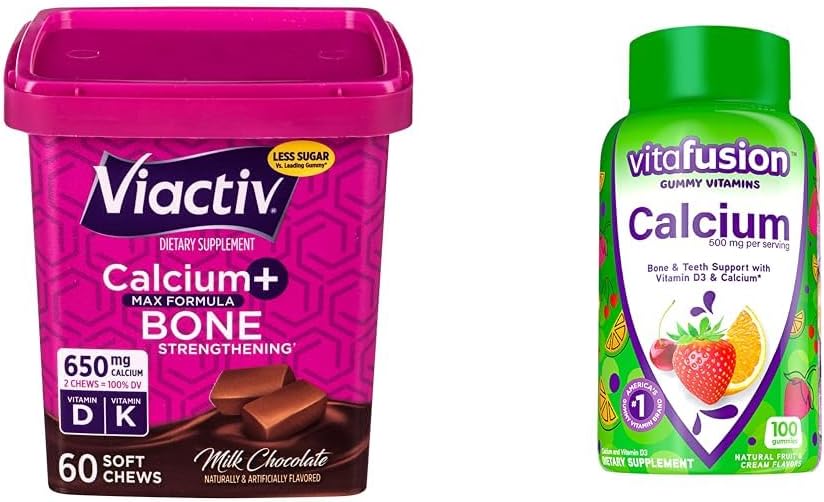 Viactiv Calcium Chews 60 Count & vitafusion Calcium Gummy Vitamiinid 100 Count - Kaltsiumilisandid luude ja hammaste toetamiseks
