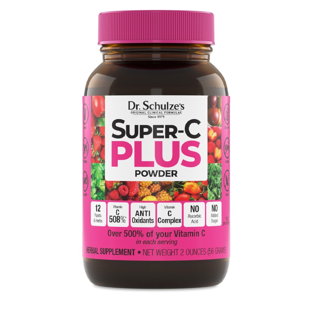 Dr. Schulze's Super-C Plus - Vitamin C Supplement for Immune Support - Skin Health & Antioxidant Support - High-Potency Formula - Plant-Based Superfood - Gluten-Free & Vegan - 2 oz (20 Servings)