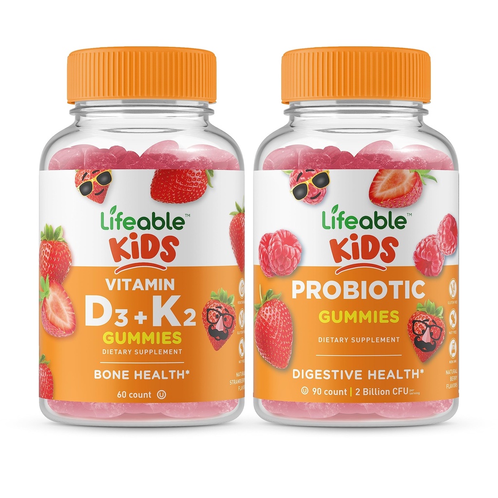 Elujõuline D3-vitamiin + K2-vitamiin Lapsed + Probiootilised 2 miljardit CFU Lapsed, Gummies Bundle - suurepärane maitse, vitamiinilisand, Gluteenivaba, GMO-vaba, närimiskumm