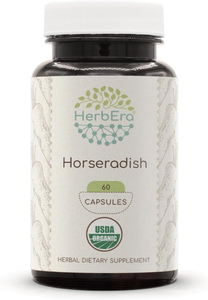 HerbEra Mädarõigas USDA Orgaaniline 60 Kapsel | Looduslik Taimne Täiendus | Sertifitseeritud Orgaaniline Taimne Kapsel ja Orgaaniline Mädarõigas (Armoracia rusticana) Kuivatatud Juur (60 Kapslit)