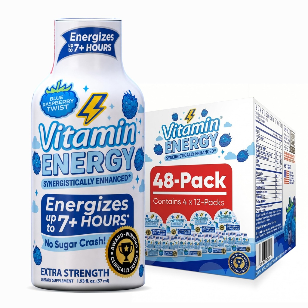 Vitamiinenergia Immuunsus + ekstra tugevus Energia Shot Blue Vaarika 48 Pack, 260mg looduslik kofeiin, B-vitamiinid, tsitikoliin, roheline tee, immuunsuse ja fookuse toetus, null suhkur, gluteenivaba 1,93 fl oz