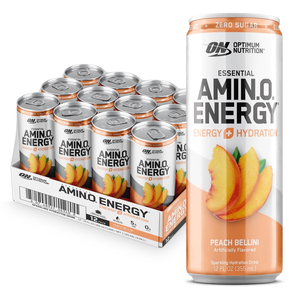 Optimaalne toitumine Amino Energy Sparkling Hüdrastusjook, elektrolüüdid, kofeiin, aminohapped, BCAA-d, suhkruvaba, virsik Bellini, 12 Fl Oz, 12 Pack (pakendamine võib varieeruda)