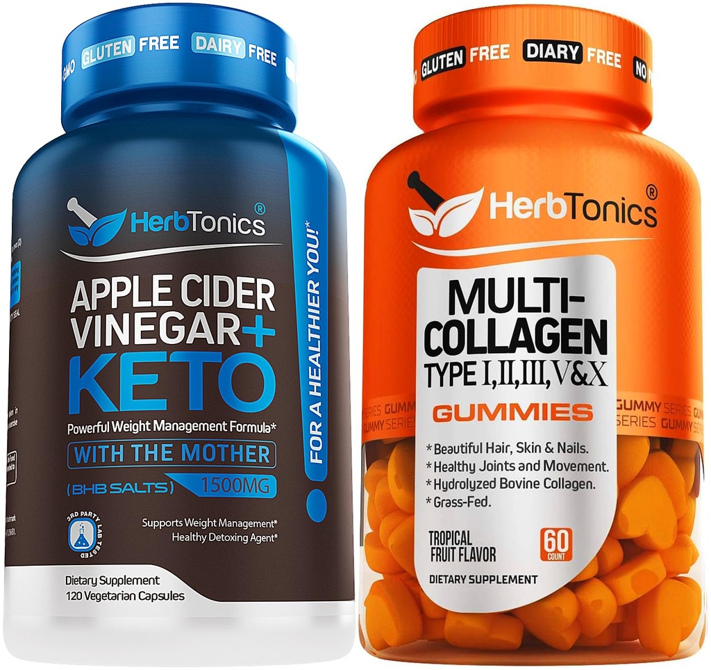 Herbtoonika Õunasiider Äädikas Kapslid Plus Keto BHB | Rasvapõletaja & Kaalulangus Täiendus Naistele Ja Meestele - Multi kollageenkummid Tüüp 1,2,3,5 & 10 Biotiin juuste kasvuks, nahk, küüned