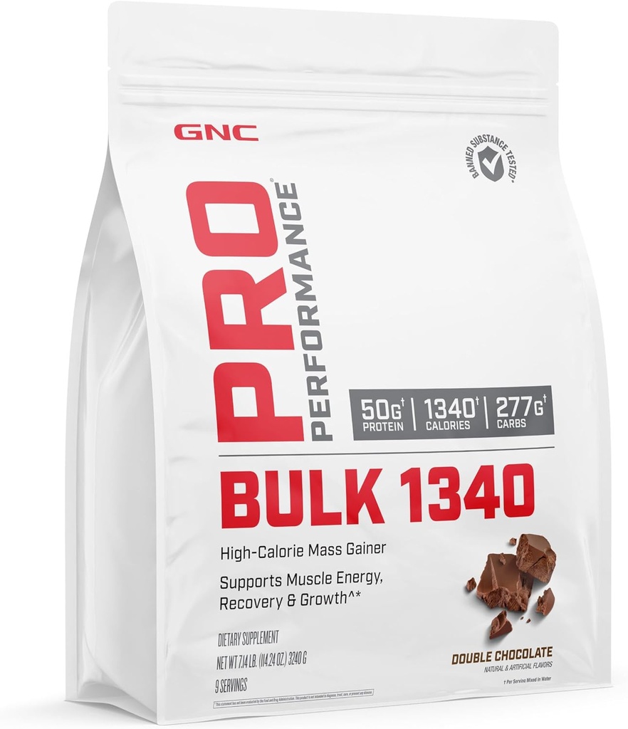 GNC Pro Performance Bulk 1340 Mass Gainer Valgupulber, 50 g, Gluteenivaba, vadak, kreatin, BCAA, 3. osapoole testitud, lihaste taastumine ja kasv, mikrotoitained, topeltšokolaad, 9 serveerimist