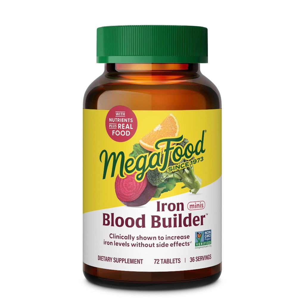 MegaFood Blood Builder Raualisand naistele ja meestele - Rauataseme tõstmine ilma kõrvalmõjudeta - Võitleb väsimust - B12-vitamiin, foolhape ja C-vitamiin - Vegan - 72 minitabletti (36 serveerimist)
