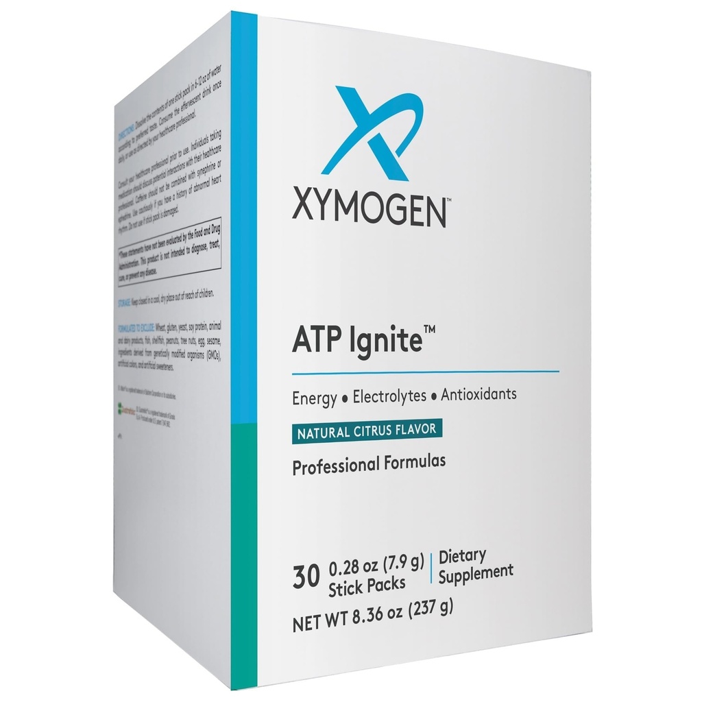 XYMOGEN ATP Ignite Revitalizing Energiajoogi Pulber - toetab elektrolüütide asendamist + ATP biosünteesi antioksüdantide, aminoide, vitamiinide, elektrolüütide + 95 mg kofeiiniga (30 tsitrusepulga pakendit)