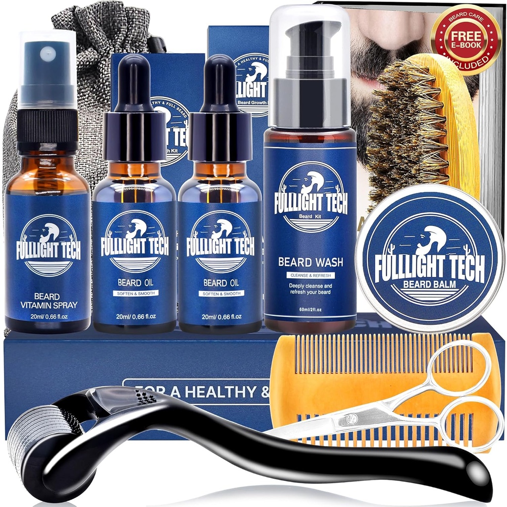 Beard Care Kit meeste-Nourish Soften Grooming Patchy Beard W / Vitamiin Spray,Mustache Oil, Balm, Wash,Boar Bristle Brush, Wood Comb, Käärid, Valentines Isad Kingitused Meestele Isa Tema Abikaasa Poiss