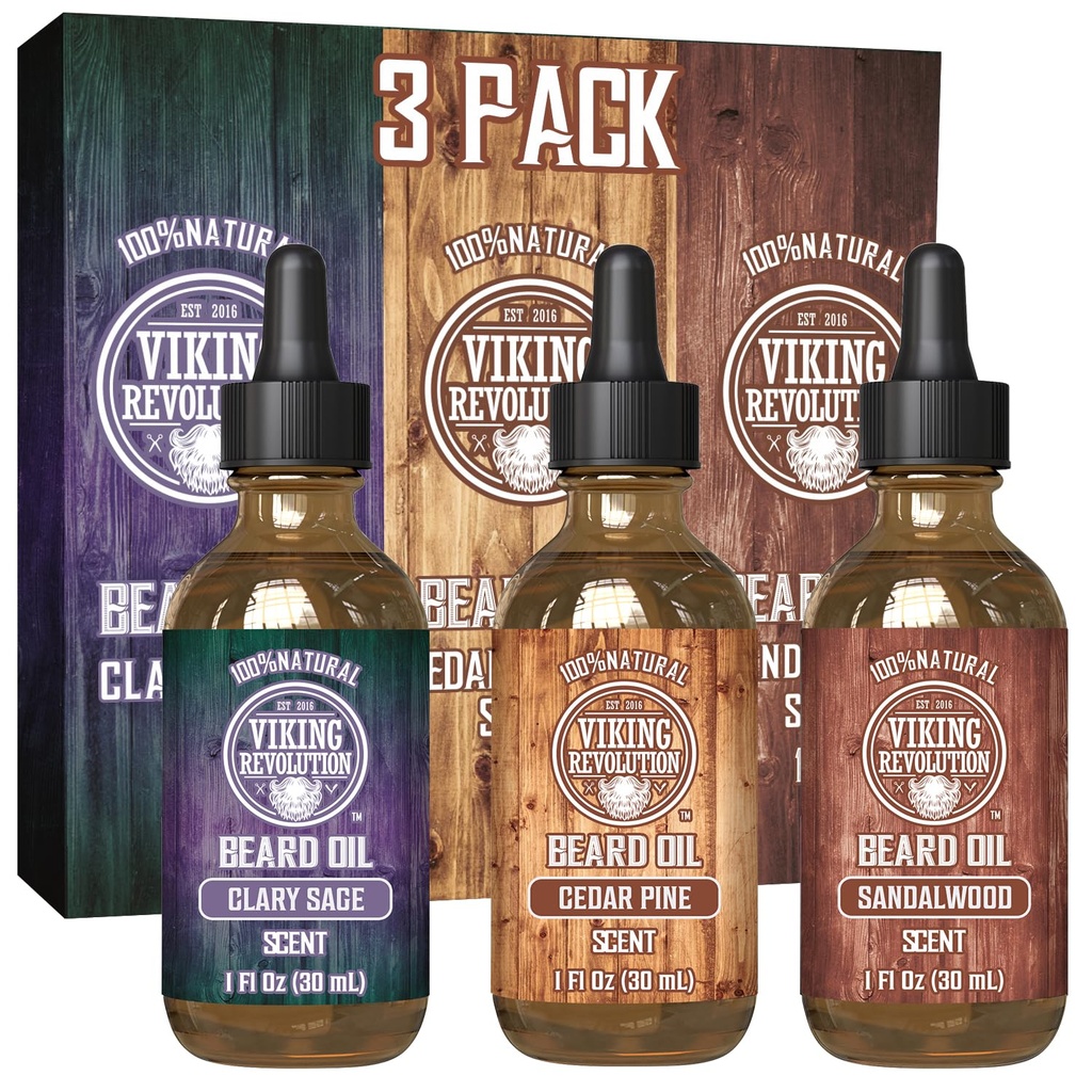 Viking Revolution Beard Oil for Men 3 Pack - Natural Men Beard Oil Variety Set - Sandalwood, Männi ja Cedar, Clary Sage lõhnad - Habeme konditsioneerimine ja niisutamine tervele habemele (3 Pack, 1oz)