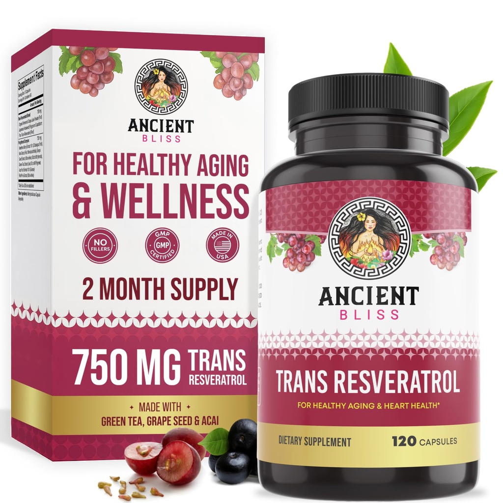 Ancient Bliss Resveratrool Võimas antioksüdantide täiendus rohelise tee, viinamarjade seemne ekstrakt tervisliku vananemise jaoks meestele ja naistele