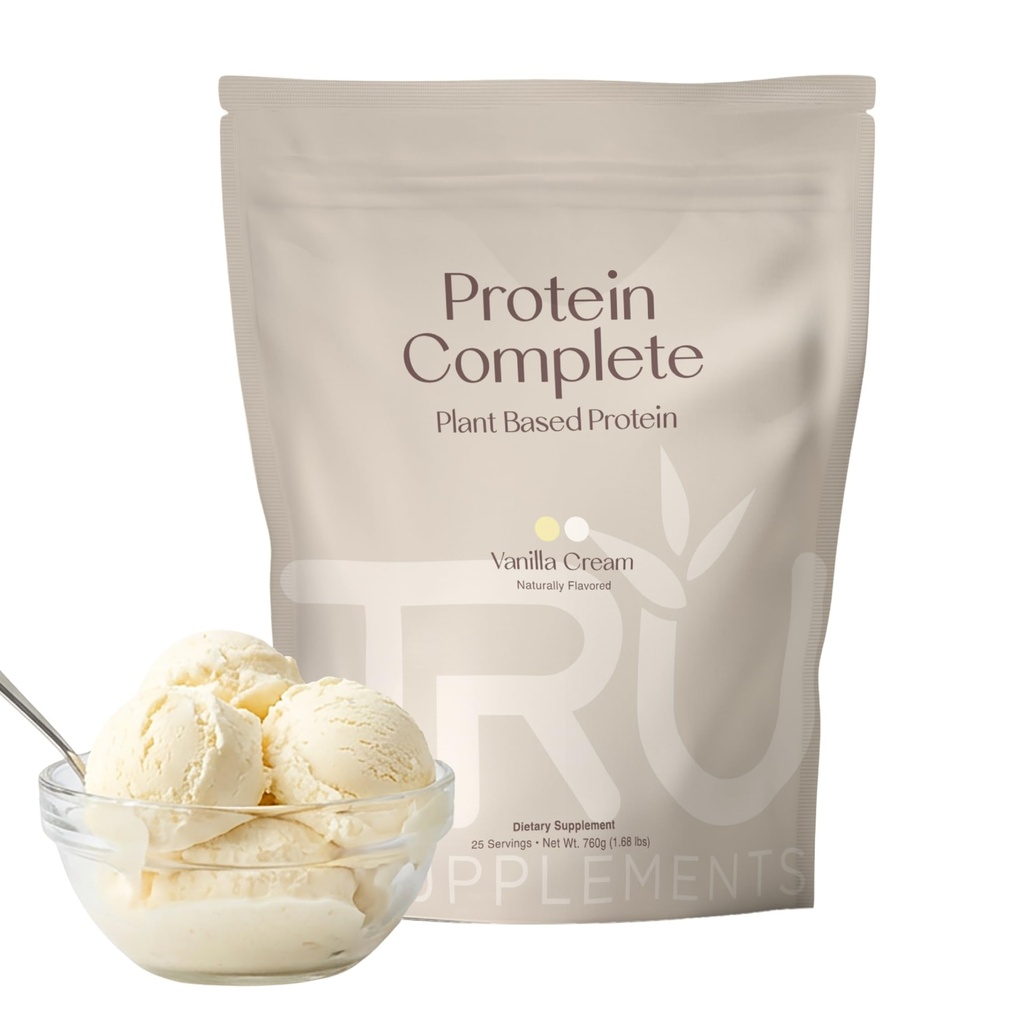 TRU täiendab taimse valgu pulbrit, BCAA, EAA, 20 g veganpruuni riisi ja hernevalku, 100 kalorit, 27 vitamiini, kunstlikke maitseid 25 serveerimist (Vanilla)