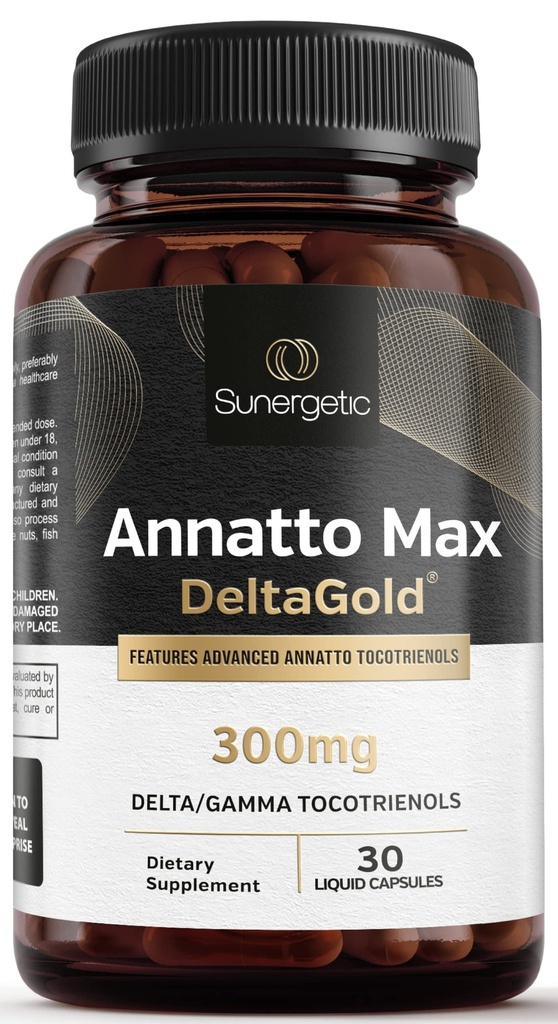 Sunergetic Premium Annatto Tokotrienol Supplement - koos DeltaGold - Tokotrienoolid Vitamiin E 300 mg - toetab maksa, immuunsüsteemi ja südame tervist - Delta + Gamma tokotrienoolid (30 vedelat kapslit)