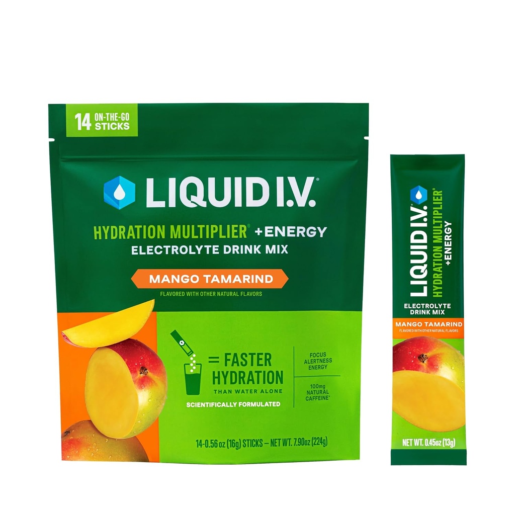 Vedel I.V.® Hüdratsioonikordaja® + Energia - Mango Tamarind - Hüdratsioonipulbri pakendid | Elektrolüütide pulbrijoogisegu | Mugavad ühekordselt teenindatavad pulgad | Mitte-GMO | 14 serveerimist (12. pakk)